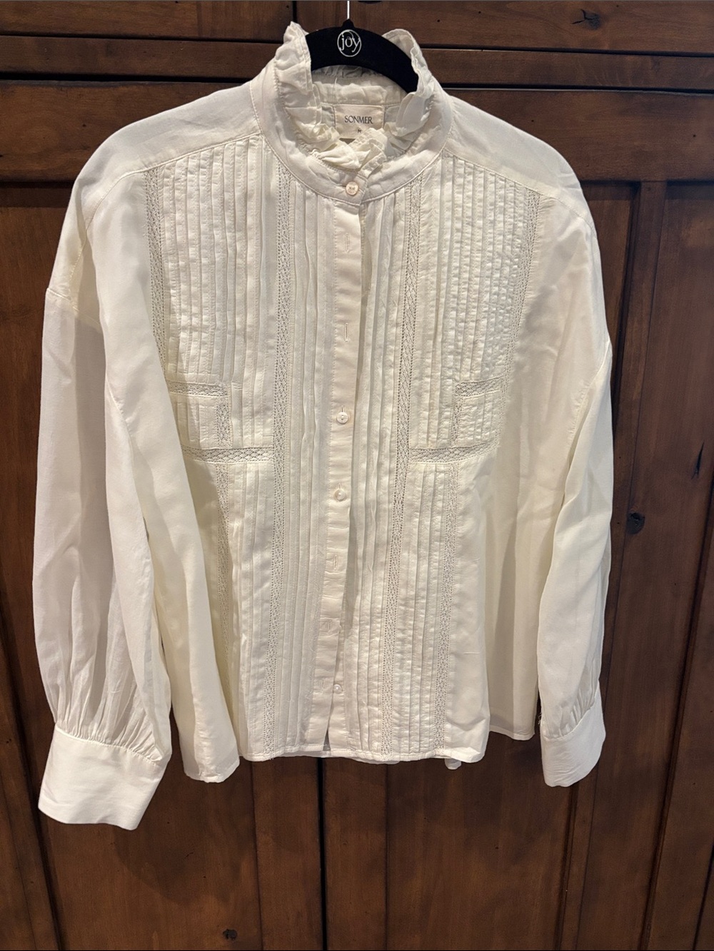 Sonmer Cream-Colored Pintuck Ruffle-Neck Blouse